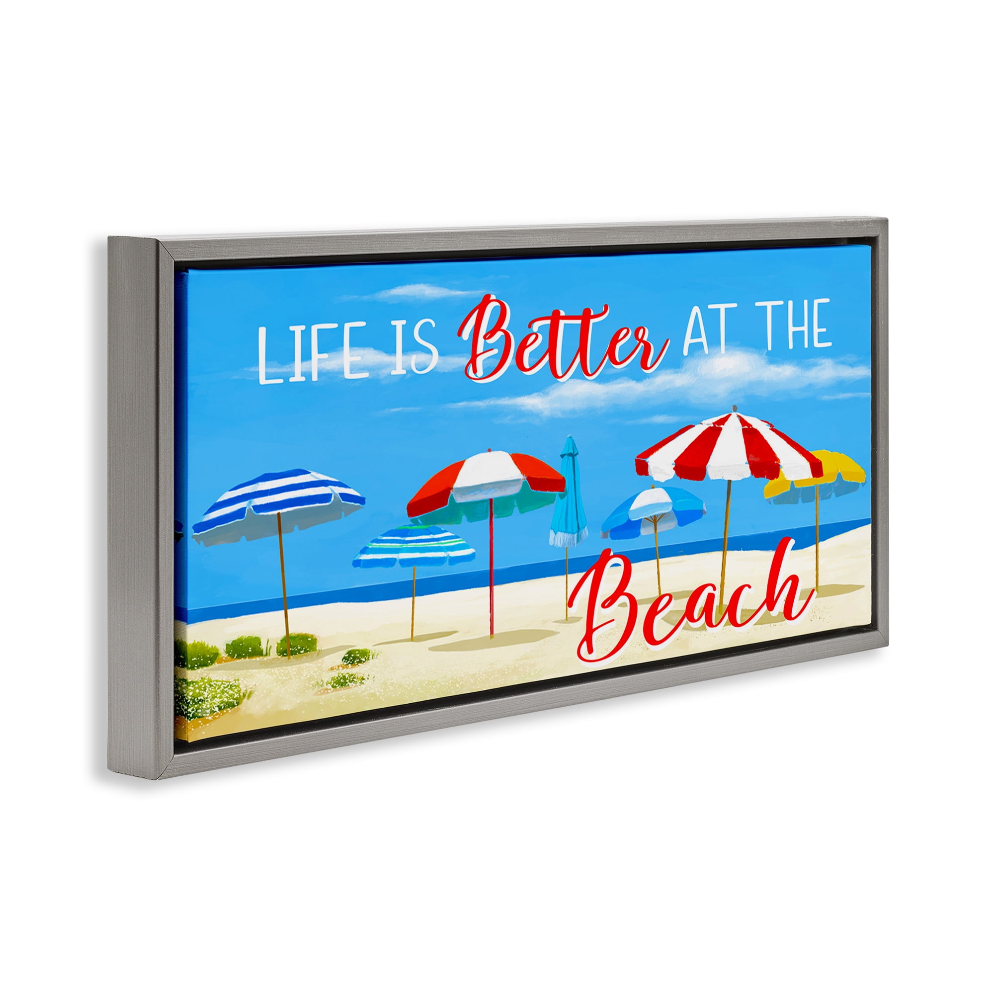 Stupell Industries Better At Beach Scene Landscape Painting Gray Floater Framed Canvas Art Print Wall Art, 31 x 14