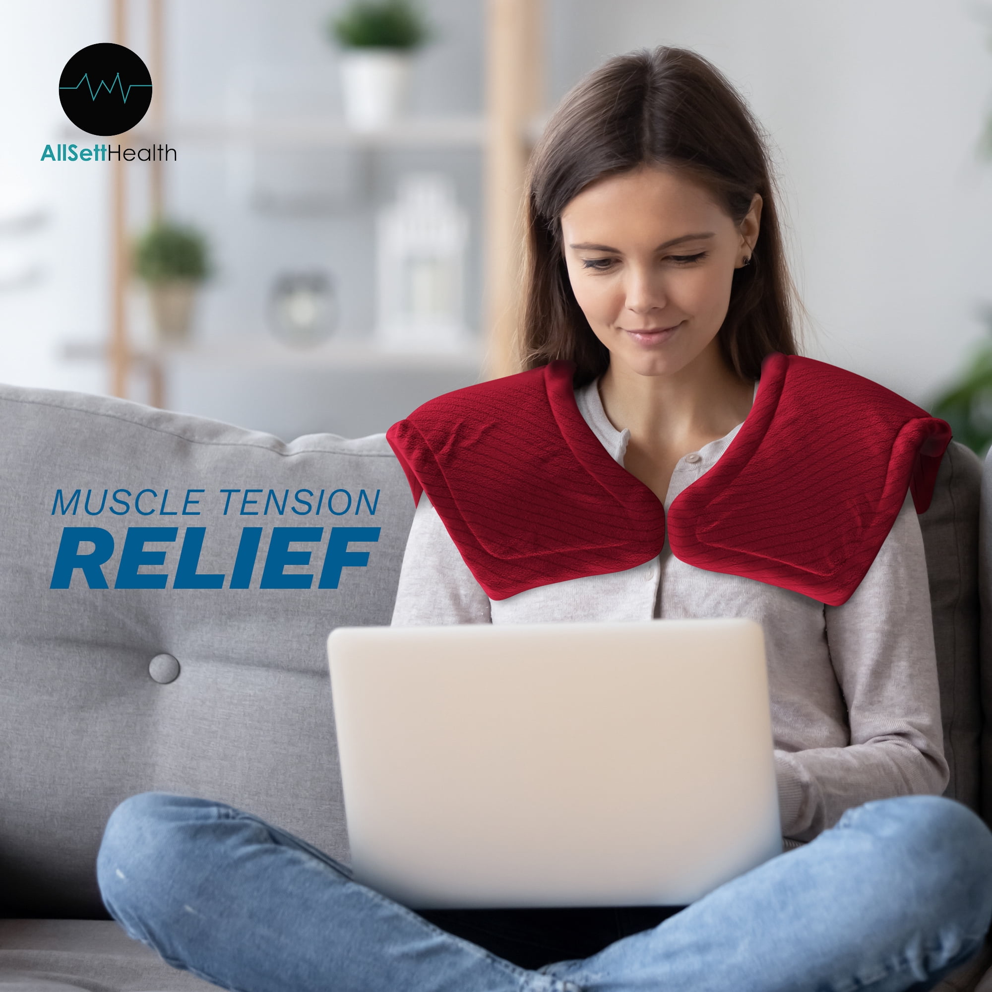 AllSettHealth Heating Pad for Neck Shoulders and Back Pain - 10 Temperature Settings for Heat Therapy with Auto Shut-Off - Detachable Led Controller - Plush Red Fabric with Weighted Beads- 35x27”