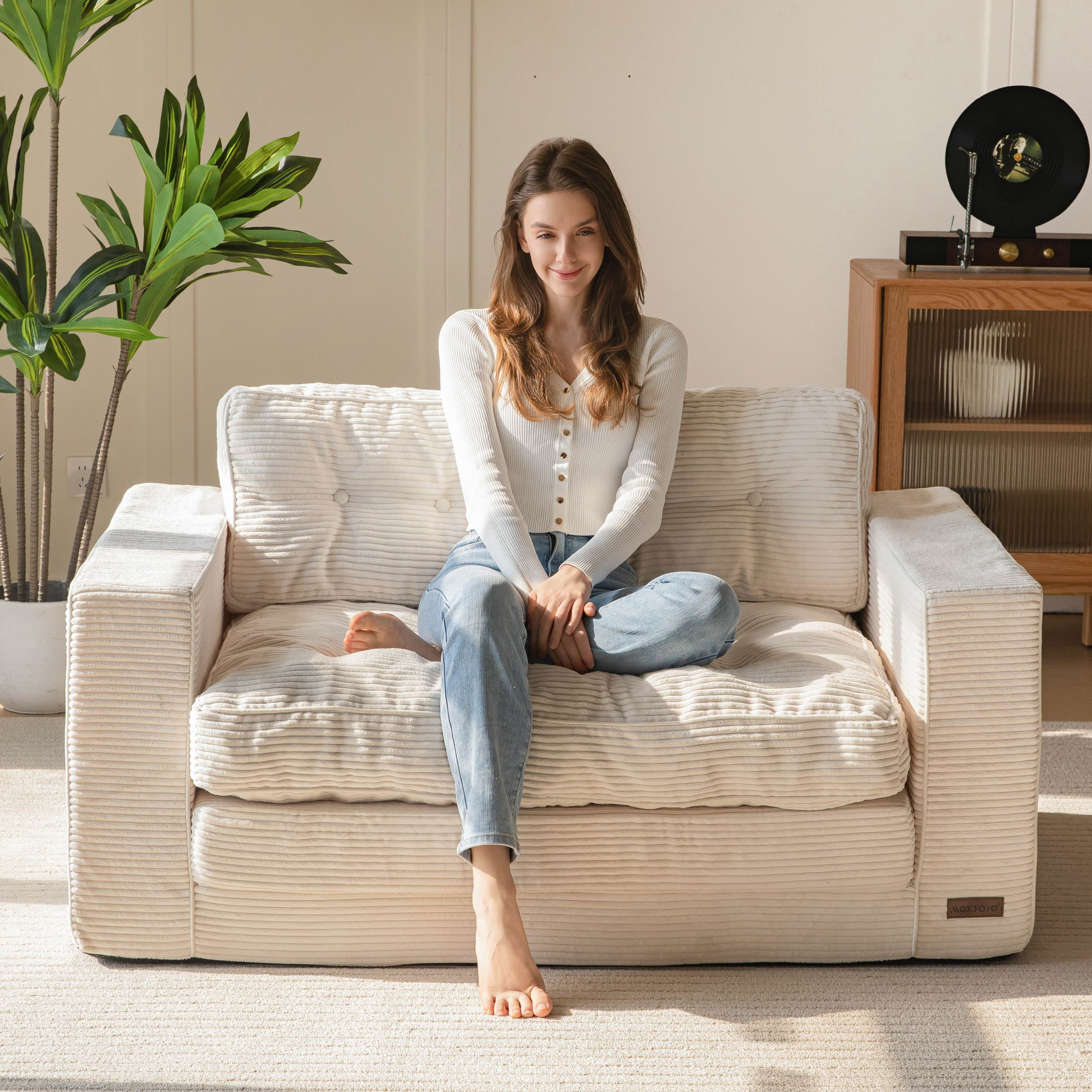 BYBYME Convertible Futon Sofa Bed,Pull Out Couch Beds Loveseat Sleeper,2 in 1 Folding Couch Bed with Pillows for Living Room Bedroom,Beige