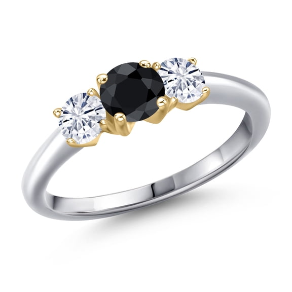 Gem Stone King 925 Silver and 10K Yellow Gold Black Sapphire and White Moissanite Engagement Ring for Women | 1.15 Cttw | Round 5MM | Gemstone September Birthstone | Size 8