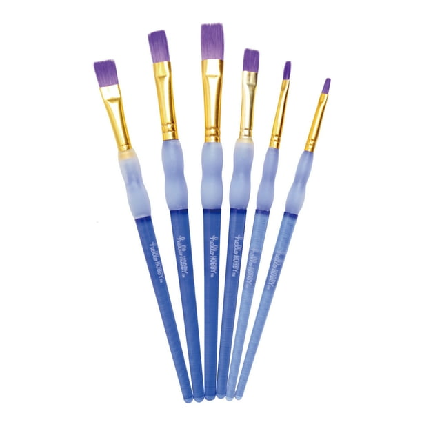 Hello Hobby Easy to Grip Synthetic Bristle Assorted Flat Paint Brush Set, Soft Rubber, 6 Pack