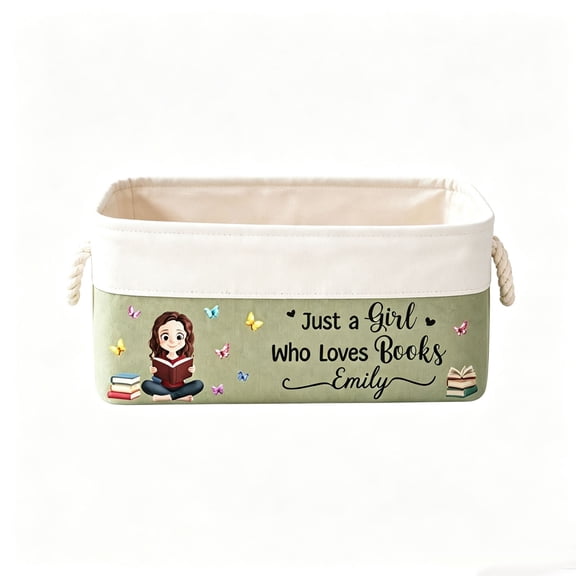 Cotton Linen Book Storage Basket With Rope Handles, Foldable Floral Fabric Bin for Books, Magazines and Home Decor