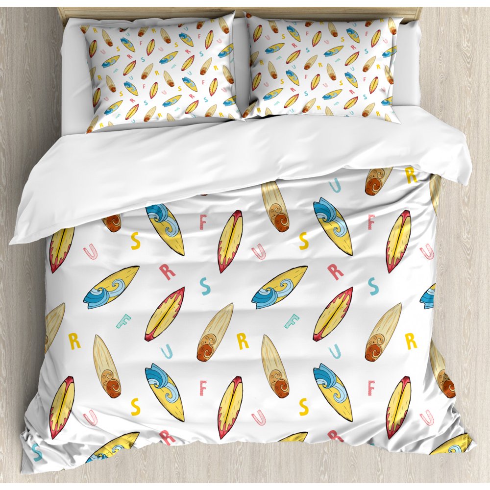Surfboard Duvet Cover Set, Hand Drawn Sketch Style Longboard with