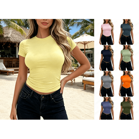 Womens Short Sleeve T Shirts - Buttery Soft Summer Crop Tops Slim Fit Y2k Basic Tees for Workout Yellow