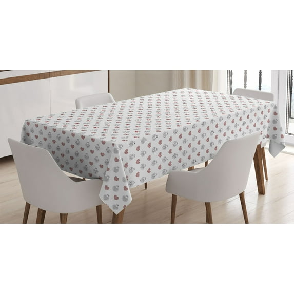 Hearts Tablecloth, Abstract Hand Drawn Hearts Pattern Built-in Pomegranate Fruit, Rectangle Satin Table Cover Accent for Dining Room and Kitchen, 52" X 70", Scarlet Black and White, by Ambesonne
