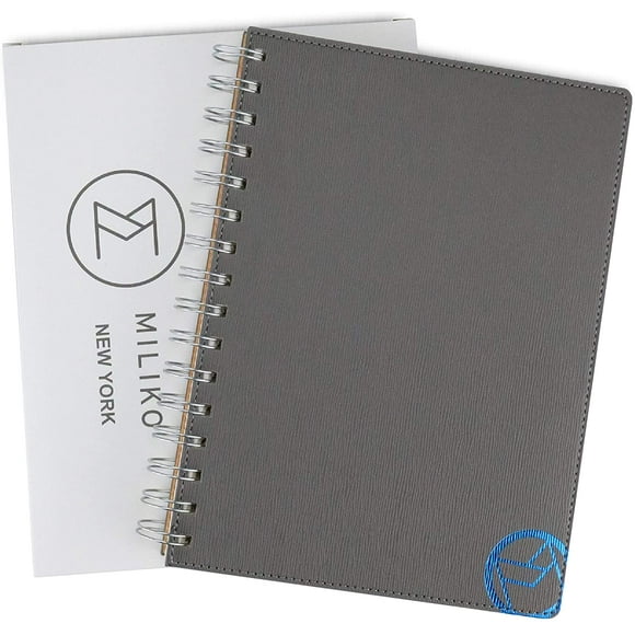 Miliko A5 Taille Gris Cuir PU Softcover Dot Grid Wirebound/Spiral Notebook/Jouranl avec Séparateur Amovible-80
