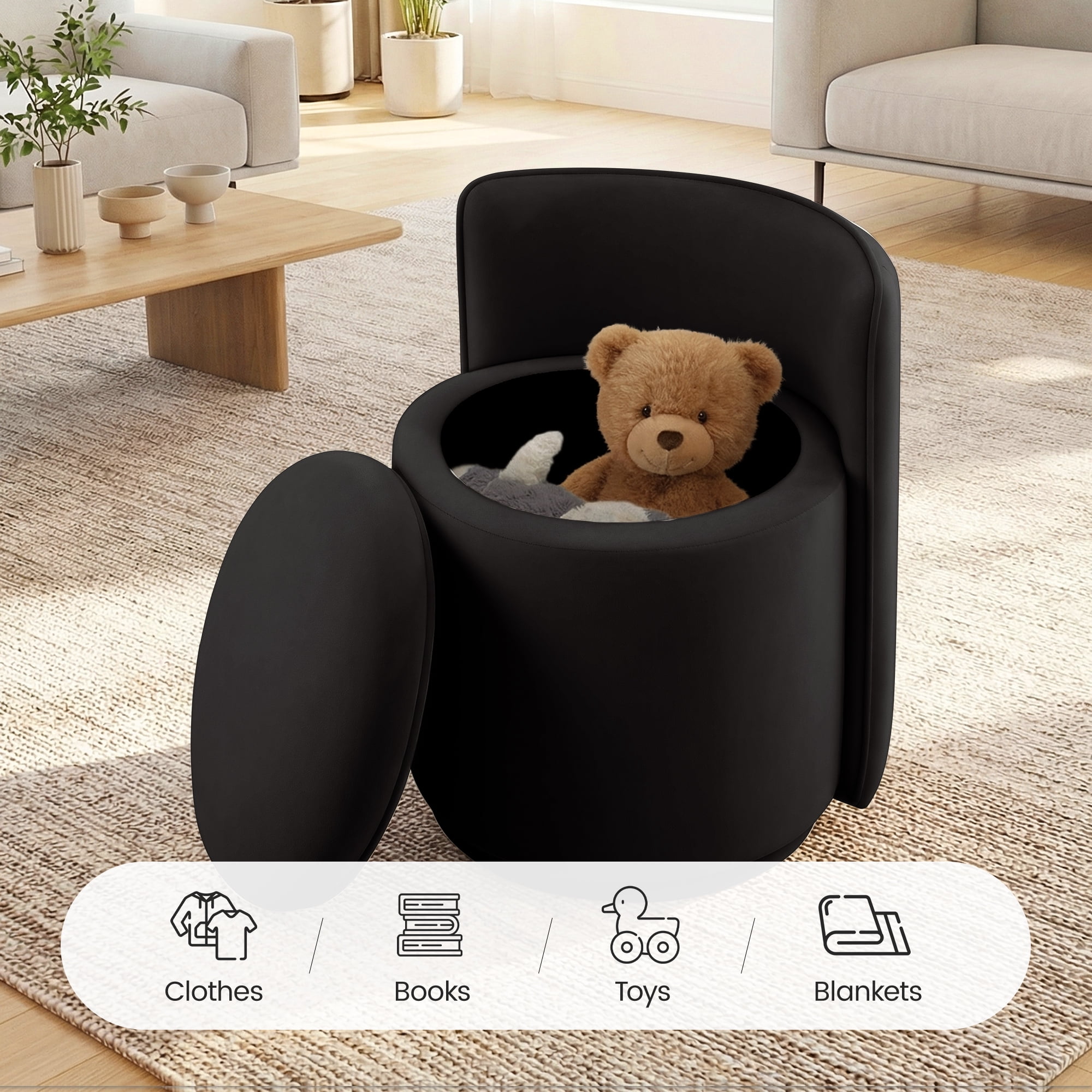 COOLHUT Vanity Chair, Upholstered Vanity Stool with Storage, Velvet Swivel Accent Chair, No Assembly Small Accent Stool, Makeup Chair for Bedroom, Living Room and Dressing Area, Black