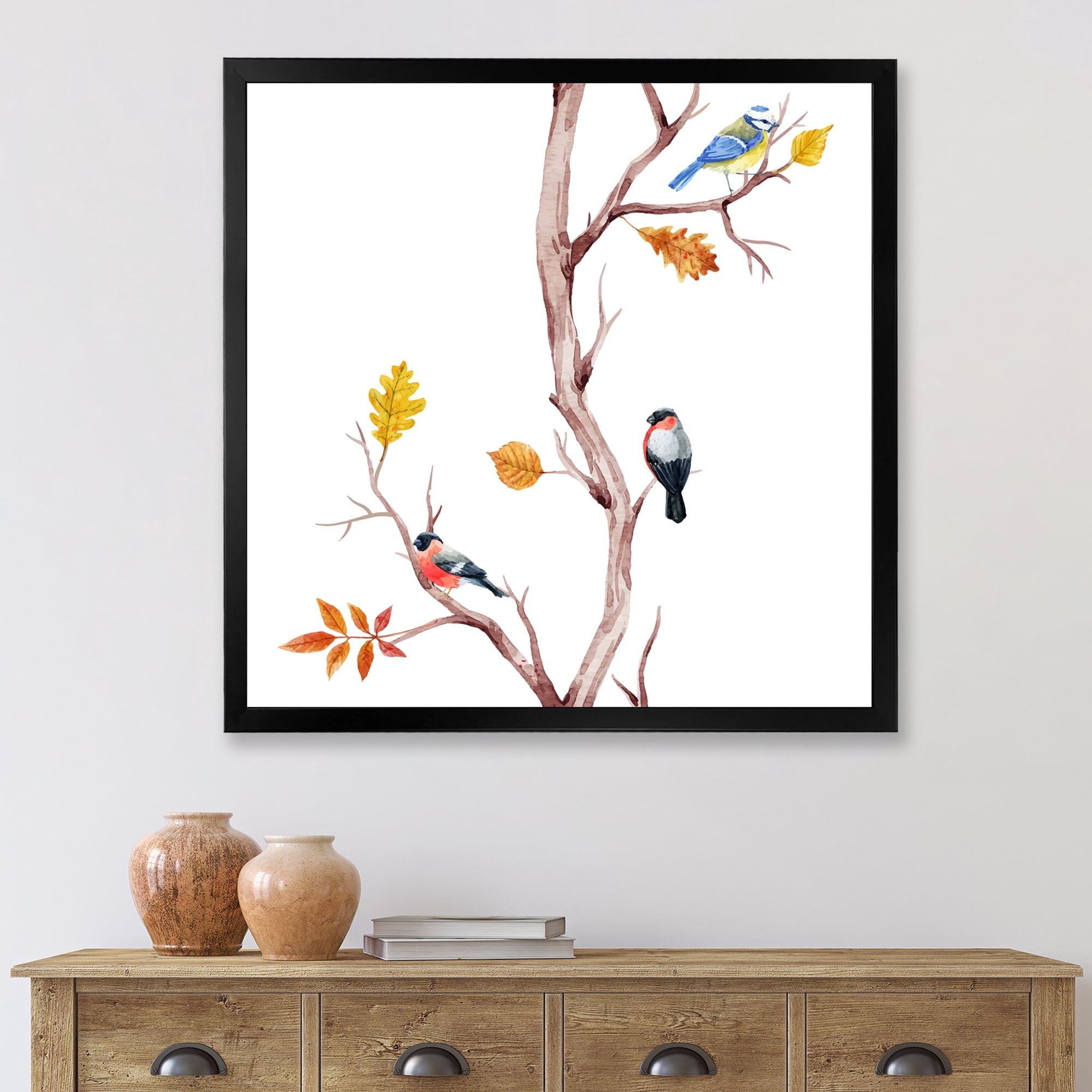 Designart 'Little Birds Sitting On The Tree Branches IV' Traditional Framed Art Print
