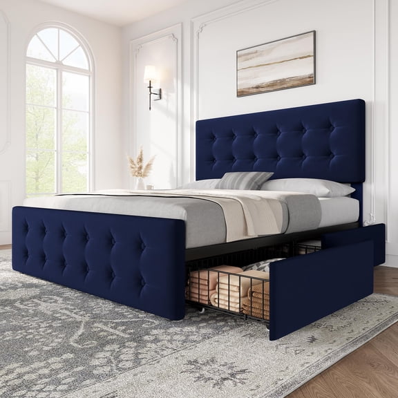 Full Size Bed Frame with 4 Storage Drawers and Headboard, Blue, Velvet Fabric, Wooden Slats Support, Button Tufted Design, No Box Spring Needed, Upholstered Platform Bed Frame