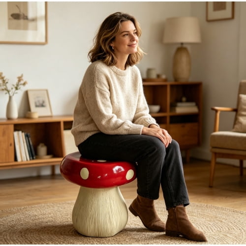 13.8" Oversized Hand-Painted Resin Mushroom Stool with Forest Base - Indoor/Outdoor Garden Statue, Multi-Use Decorative Seat & Plant Stand for Summer Decor