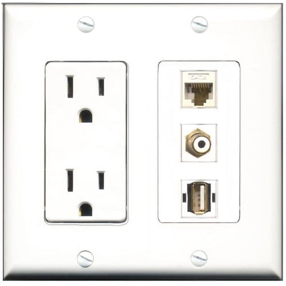 RiteAV - 15 Amp Power Outlet 1 Port RCA White 1 Port USB A-A 1 Port Cat6 Ethernet Ethernet White Decorative Wall Plate
