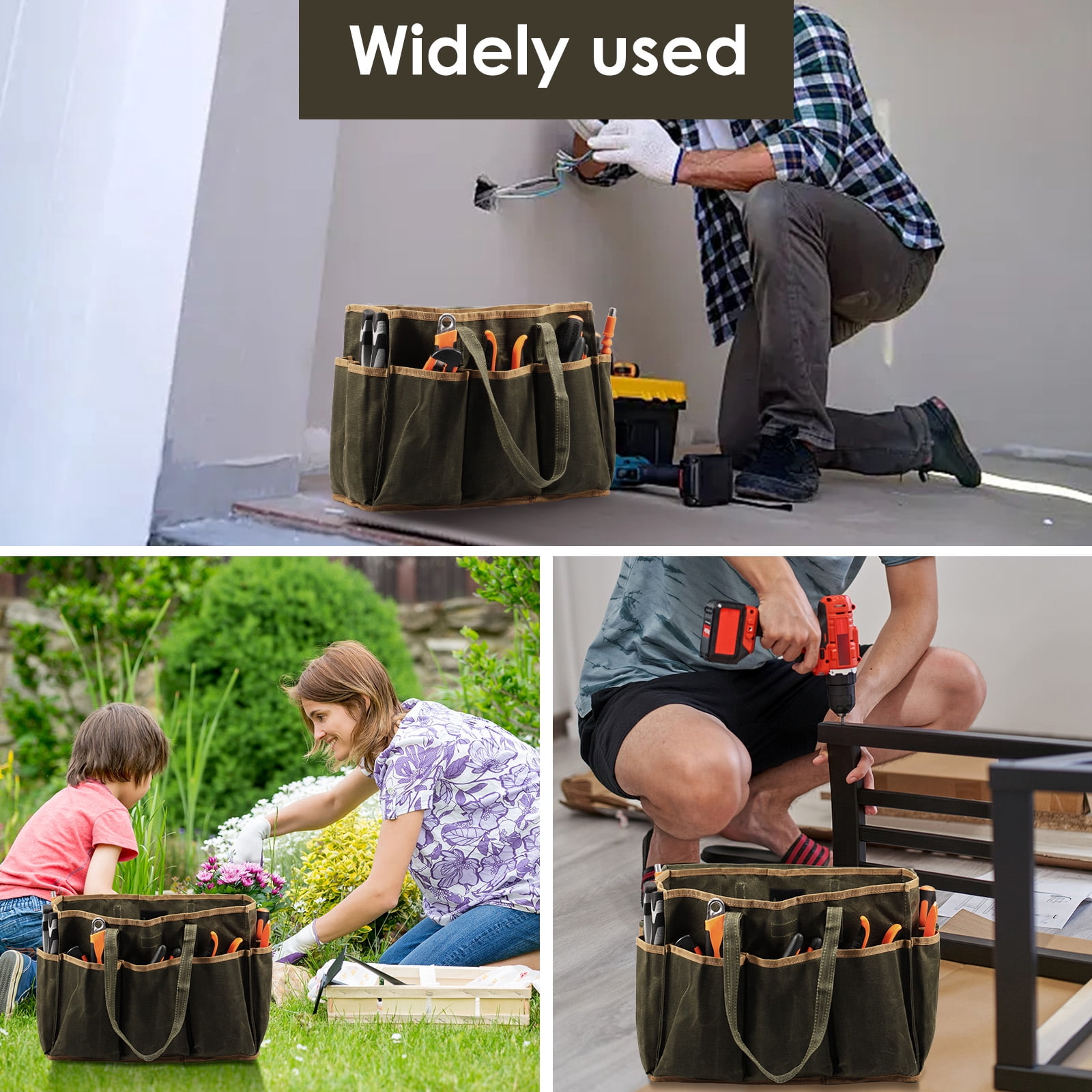 Ikoopy Waxed Canvas Multi Pocket Tool Tote Bag Large Capacity Waterproof Gardening Tool Bag With Portable Handle for Gardener Electrician Contractor Repairman