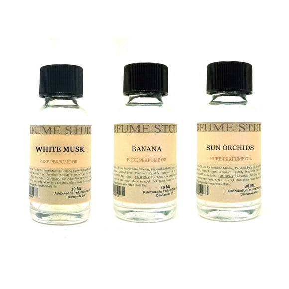 Perfume Making Supplies Fragrance Oil Set 3-Pk 1oz Each for Making Soaps, Candles, Bath Bombs, Lotions, Room Sprays, Colognes (White Musk, Banana, Sun Orchid)