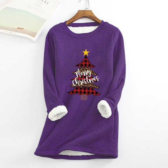AOOCHASLIY Christmas Tops Ladies Fashion Casual Winter Plus Fleece Warm Christmas Print Top Women
