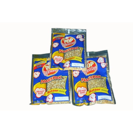 Pop Weaver Naks Pak 8 oz Butter Flavored Coconut Oil and Popcorn Packs for 6 oz Popper Popping Machine - 3