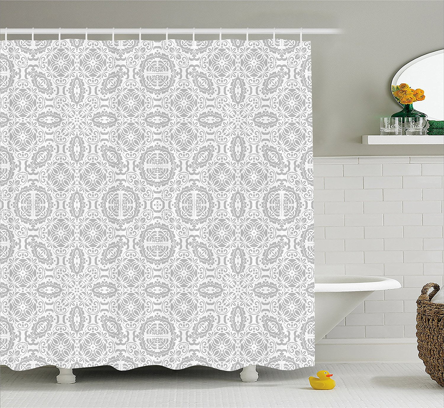 Grey Decor Shower Curtain by , Lace Victorian Damask Antique Baroque Design with Oriental