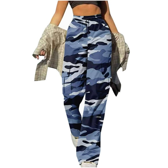 Fall Saving! HVOBTTY Women's Casual Long Cargo Pants, Women'S Elastic Waist Lace-Up Pocket Overalls Casual Tracksuit Pants Blue, XL