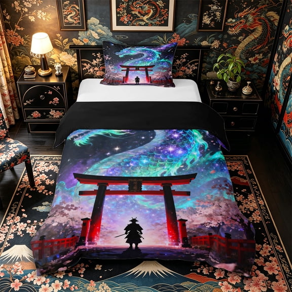 Metsweet Galaxy Gradient Dragon Twin Duvet Cover, Japanese Samurai Sakura Twin Bedding, Blue Purple Red Black,Black Reversible,2pcs,1 Duvet Cover and 1 Pillowcase