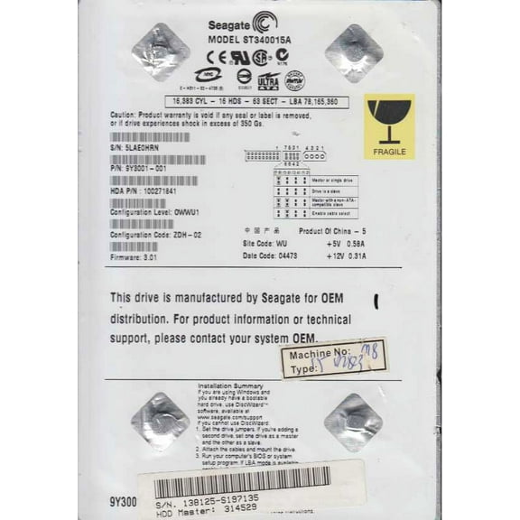 ST340015A, 5LA, WU, PN 9Y3001-001, FW 3.01, Seagate 40GB IDE 3.5 Hard Drive
