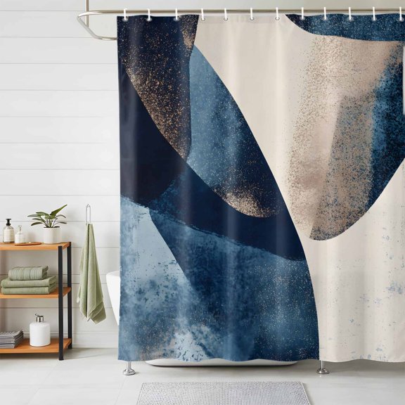 Shower Curtains for Bathroom, Navy Blue Geometric Waterproof Fabric Shower Curtain, Modern Beige Abstract Art Decorative Bathroom Curtain for Bathtub, 36"x72", No Hooks Included