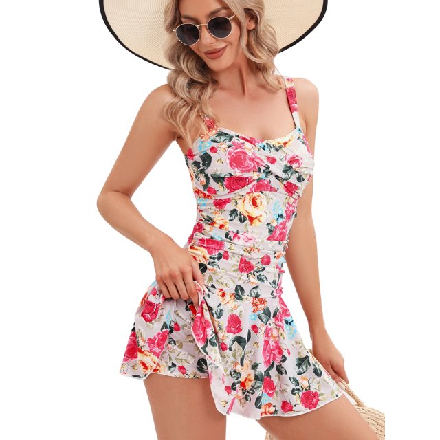 Women Modest Swim Dresses Flower Printing Plus-Size Swimsuit Padded One Piece Swimwear Bathing Suits