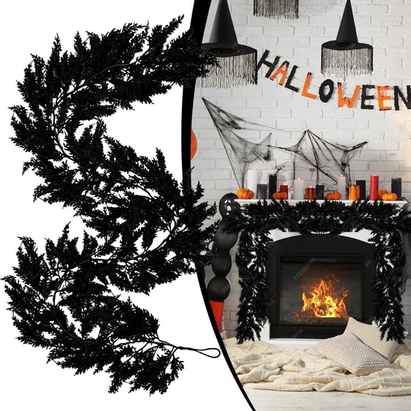 Black Halloween Norfolk Pine Garland,Realistic Gothic Faux Garland Mantle Decor,Artificial Hanging Vine Spooky Garland for Door Fireplace Stairs Holiday Home Thanksgiving Christmas Decoration 2.95Ft