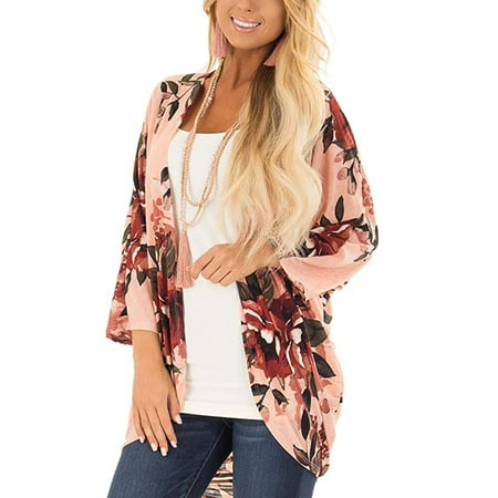 Womens Floral Print Loose Puff Sleeve Kimono Cardigan Lace Patchwork Cover Up