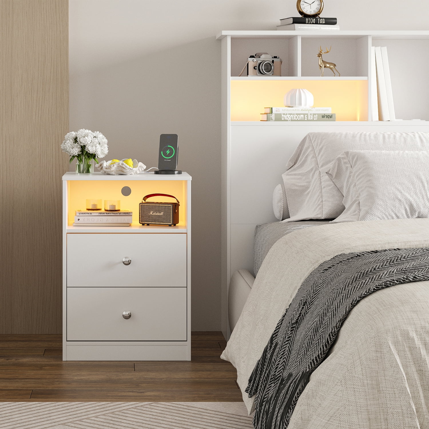 Someet Modern Nightstand with 2 Drawers, 2 USB Ports & Outlets, Nightstand for Bedroom, White