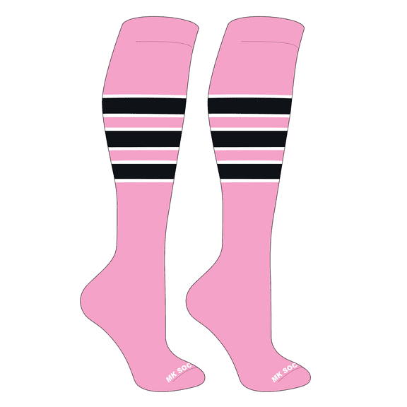 MK Socks Striped Knee High Baseball, Football Socks (C) Pink, White, Black