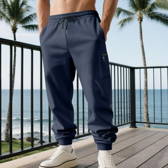 SYMOID Big & Tall Men's Navy Casual Cargo Pants - Nylon Spandex Stretch, Drawstring Waist, Cuffed Ankles, Size 3XL