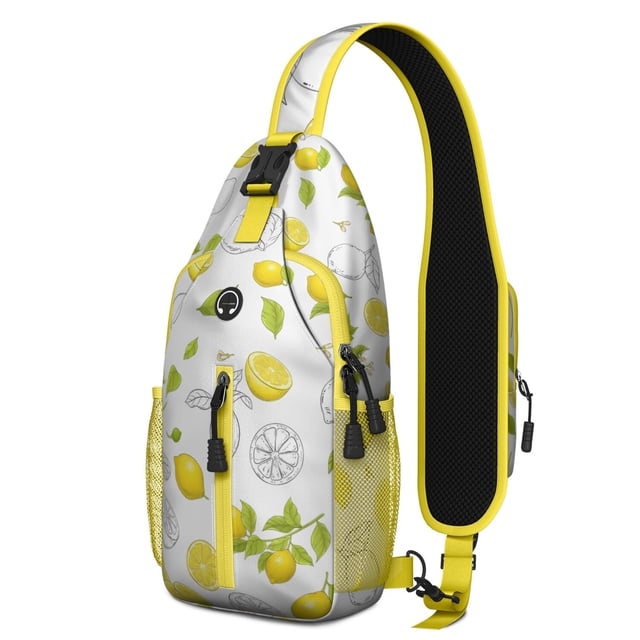 Yellow Lemon and Floral Pattern Sling Backpack, Cute Summer Fruit Print Crossbody Daypack, Retro Vintage Style, Lightweight and Durable