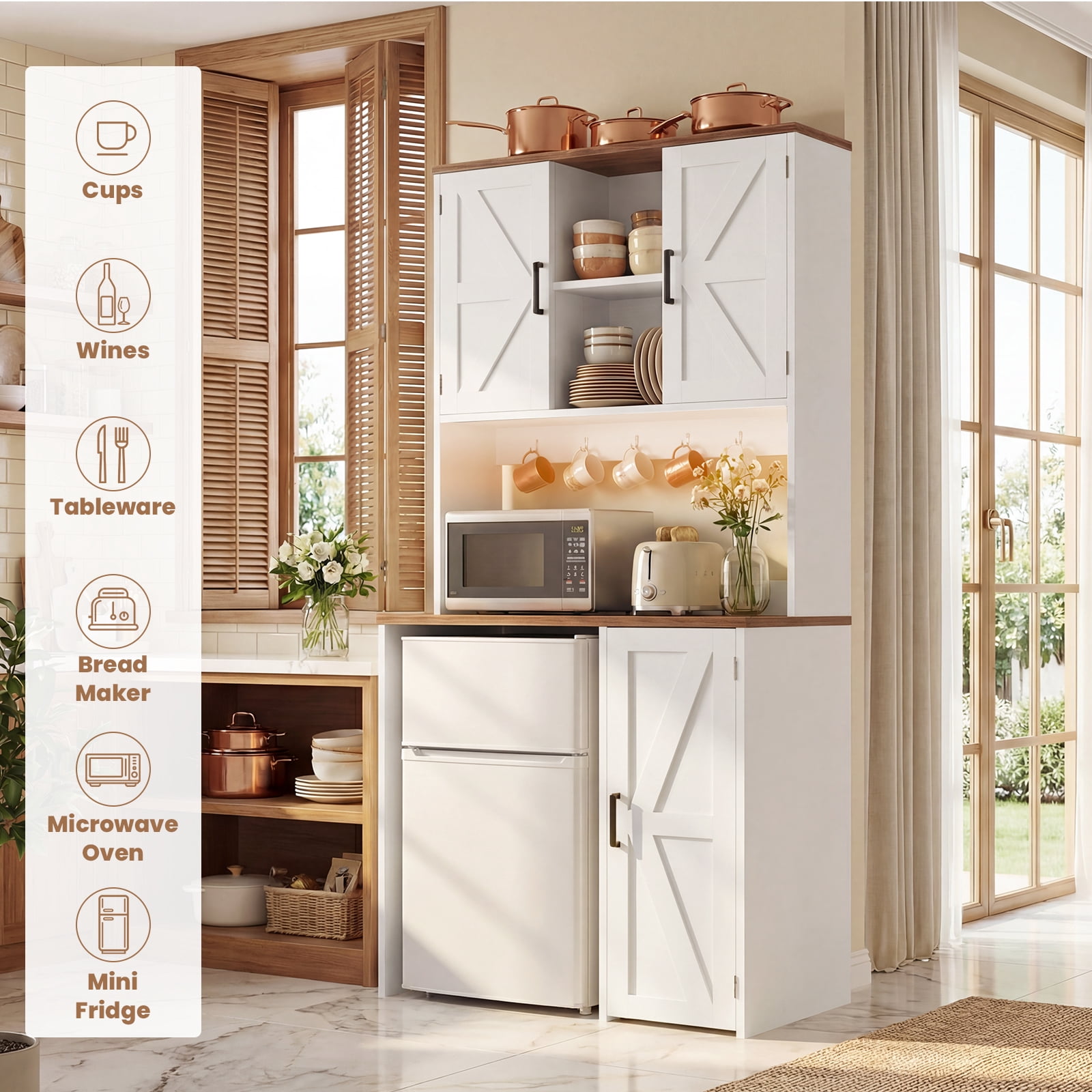 Aheaplus Multifunctional Mini Fridge Cabinet: Coffee Bar, Wine Stand & Beverage Station with Outlet, LED Light & Microwave Shelf, for Kitchen, Dorm, Office,White