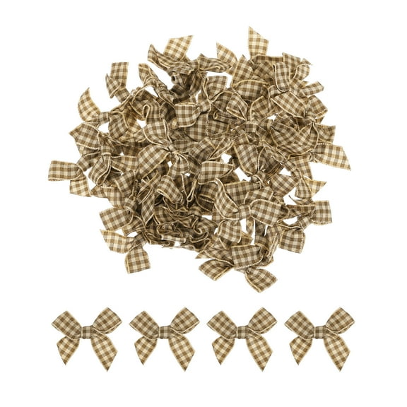 Uxcell 50Pcs Mini Gingham Ribbon Bow 1.5" Checkered Fabric Satin Ribbon Bows for Craft Brown and Light Yellow