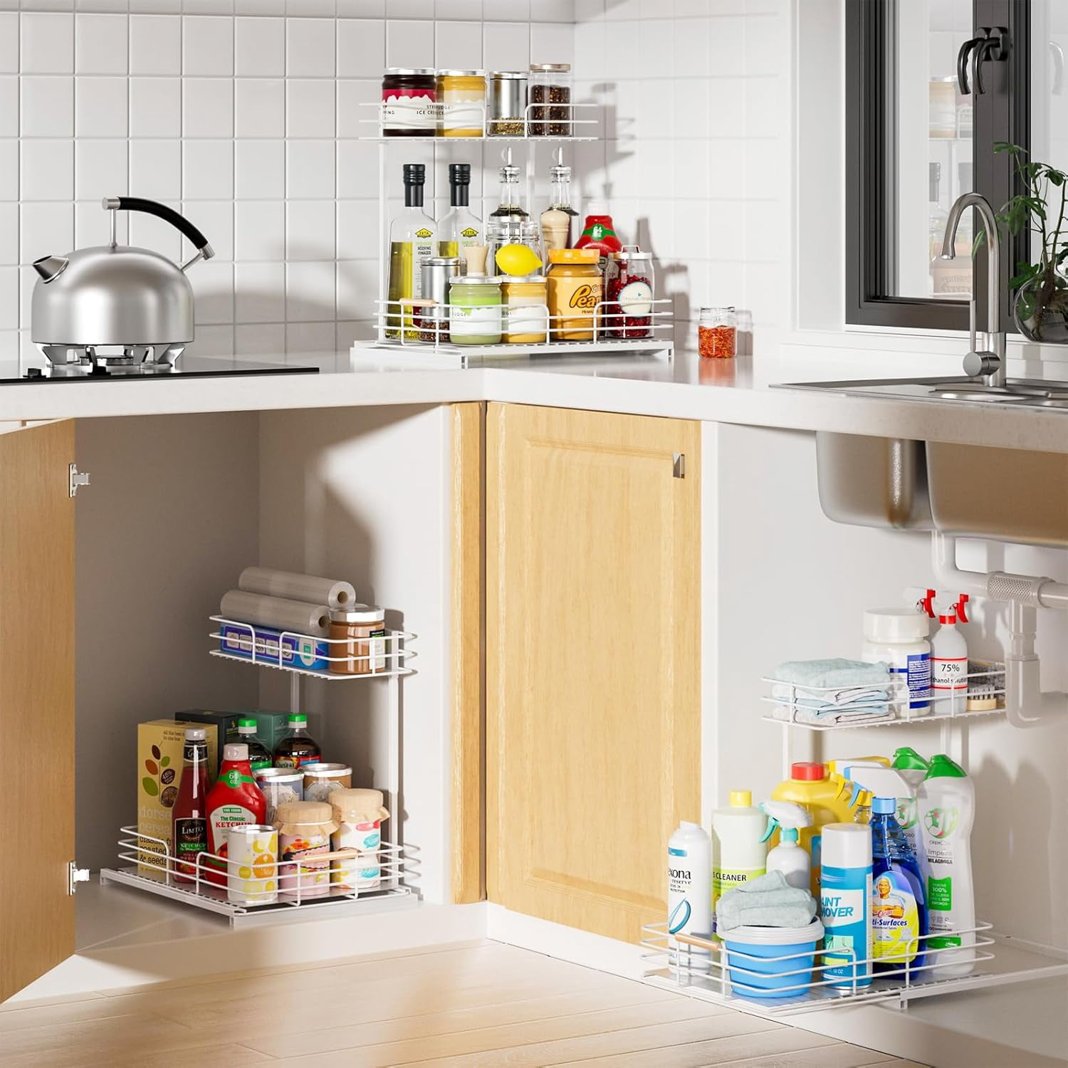 LAMU Under Sink Organizers and Storage, 2Pack 2 Tier Kitchen Bathroom Cabinet Organizers and Storage, Pull Out Under Sink Storage Kitchen Shelf Organizer for Under Counter Storage Organizer, White