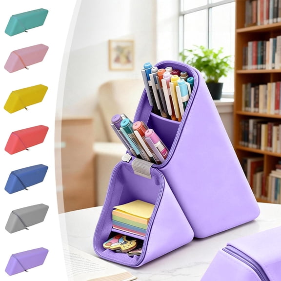 WWC Triangle Pencil Case, Large Capacity Silicone Foldable Standing Pencil Pouch, Portable Vertical Desk Organizer for School Office Makeup, Purple