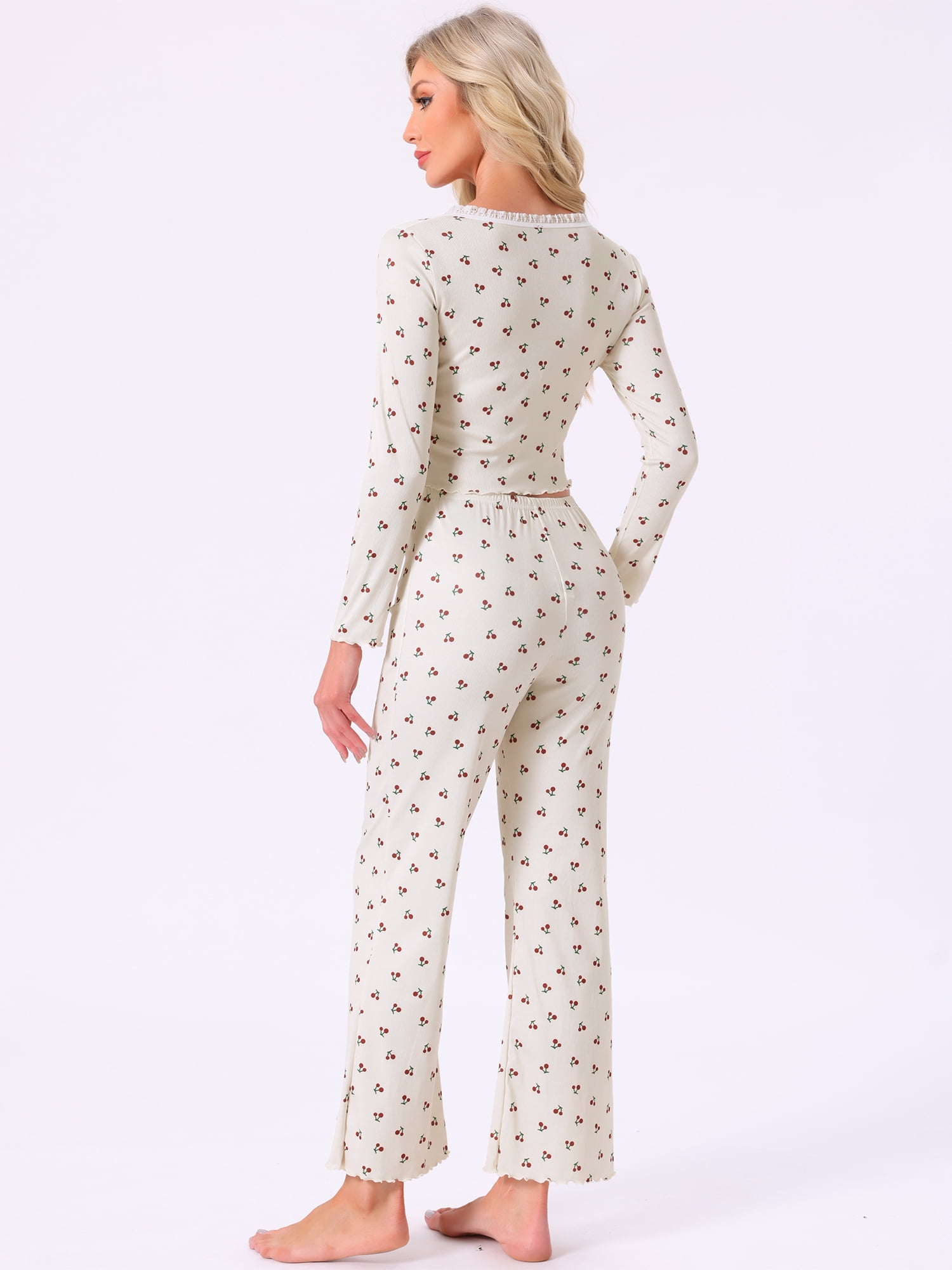 DARING DIVA Women's Pajama Sets Cherry Print Ruffled Long Sleeve Top and Pants L Apricot