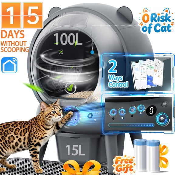 Self-Cleaning Cat Litter Box for Multiple Cats, 100L 15L Large Capacity, APP Control/Integrated Safety Protection, Includes 2 Rolls of Garbage Bags & 1 Mat, Ideal for Busy Owners