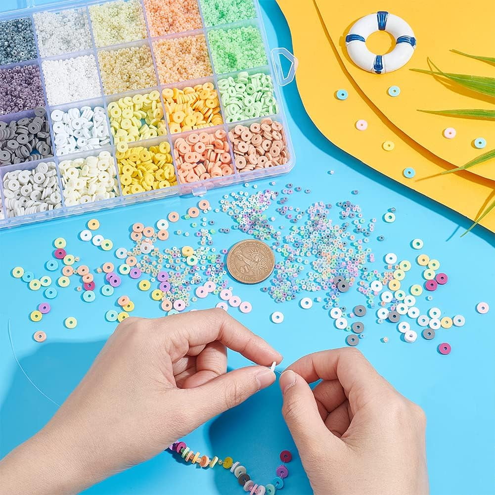 PH 11360~12480pcs Craft Beads Kit 2mm Glass Seed Beads 16 Colors Mini Pony Beads 6mm Polymer Clay Beads 16 Colors Heishi Beads Small Craft Beads for Bracelet Necklace Jewelry Making Colorful