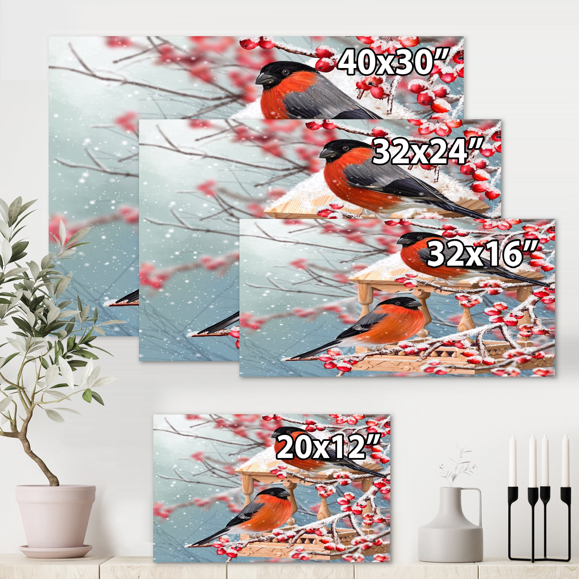 Designart ' Two Tits Sit On A Snow-Covered Berries Branch ' Traditional Canvas Wall Art Print