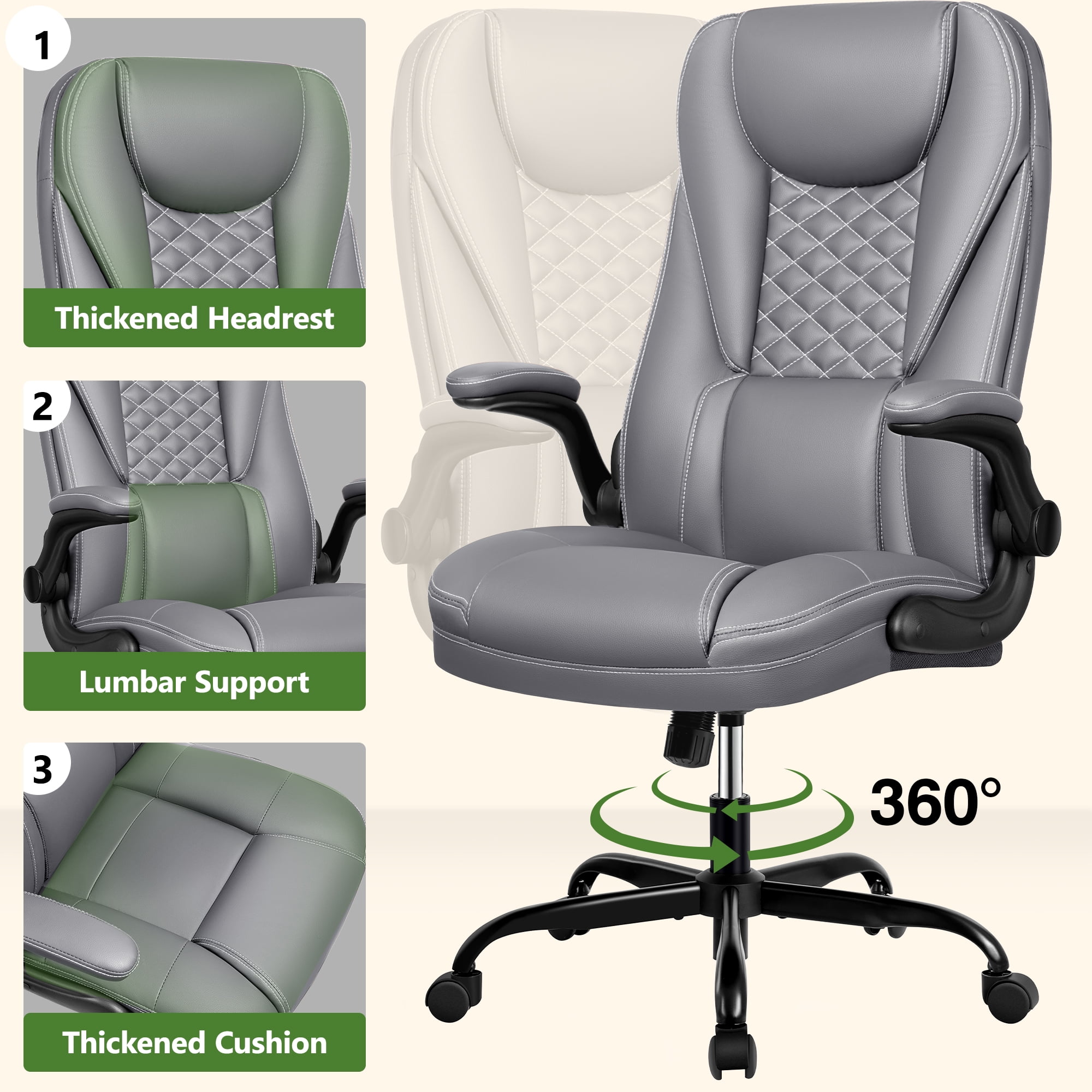 COOLHUT Big and Tall Office Chair, Executive Home Office Desk Chairs, Ergonomic Computer Faux Leather Desk Chair with Adjustable Flip-Up Arms, Lumbar Support Swivel Task Chair, Gray