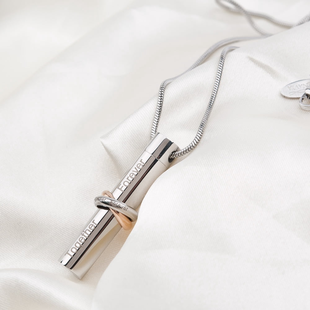 Cylinder Style Memorial Cremation Jewelry Urn Ashes Holder Necklace (Together Forever Ring)