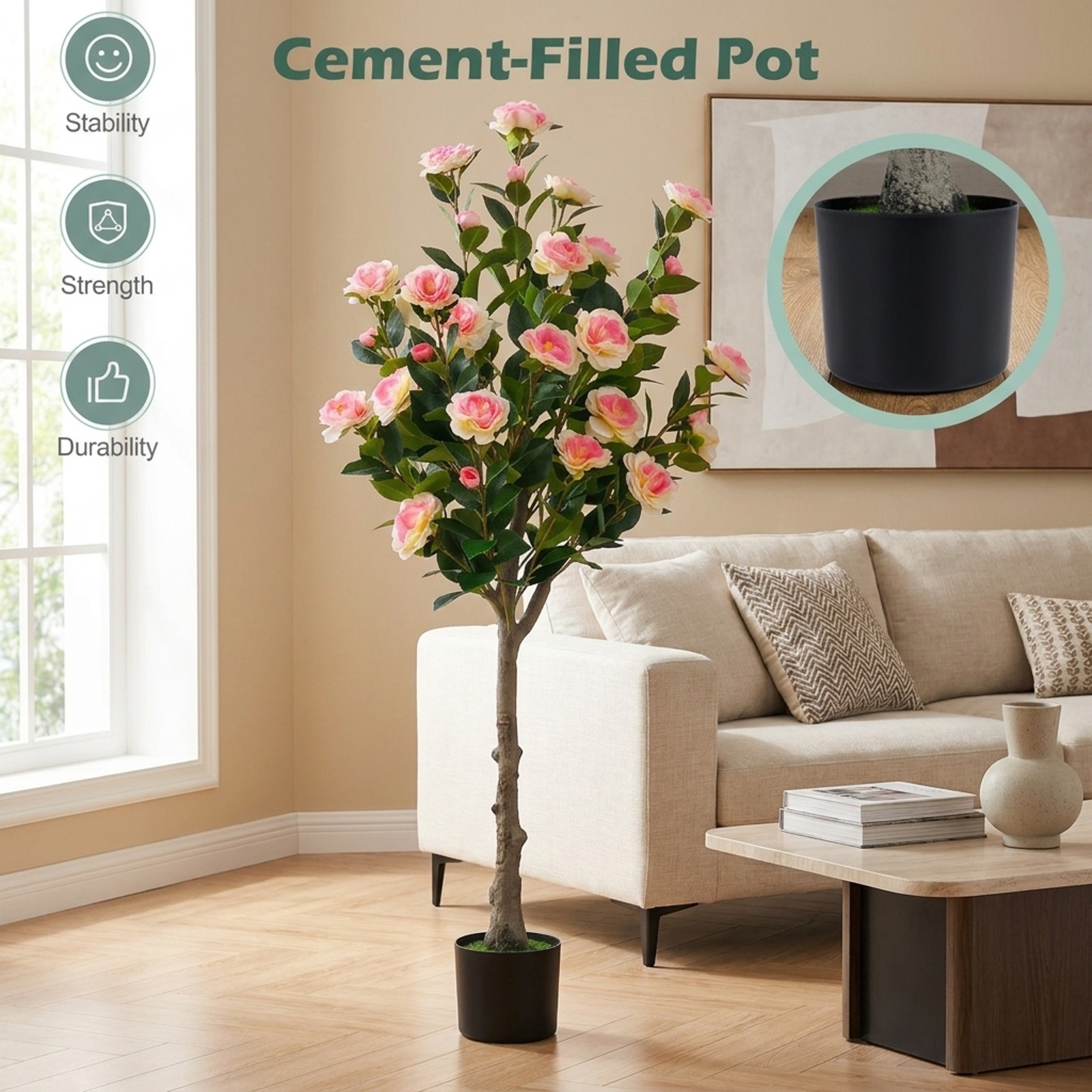Vebreda Artificial Plant Decor, Artificial Camellia Tree with 27 Blossoms in Cement Pot for Home, Realistic Floral Details, Built to Last
