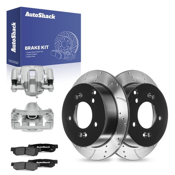 AutoShack Rear Solid Drilled & Slotted E-Coated Brake Rotors   Ceramic Pads   Calipers 8-PC Brake Kit Replacement for 2006-2008 Hyundai Sonata 2006-2010 Kia Optima ShadowGuard 10.31" (262 mm)