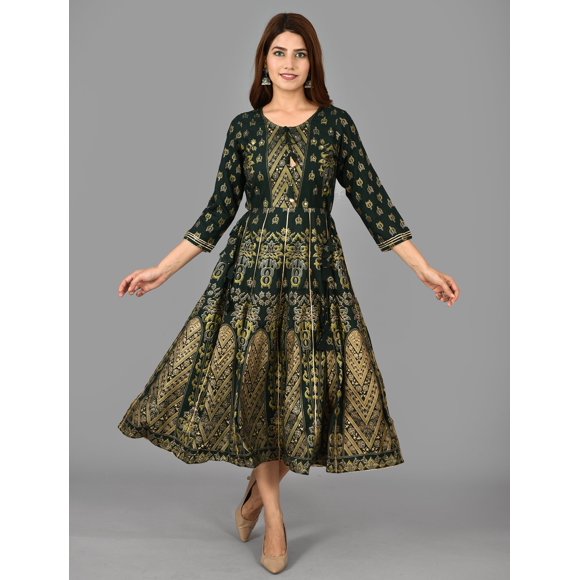 DWEEP SARA Green Rayon Fit & Flare Gown, M/38