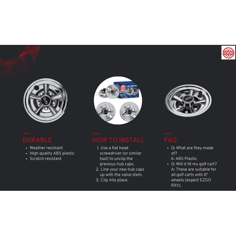 Set Of 4 - 8 Inch Hubcaps For EZ GO & Club Car Golf Carts - Black & Silver ABS Plastic Wheel Covers
