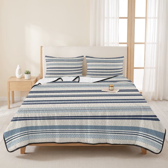 3 Piece Summer Bed Quilt Set King Size,Navy Blue Stripes Lines Lightweight Bedspread Coverlet with 2 Pillowcases Soft Comforter Bedding Quilts for All Season