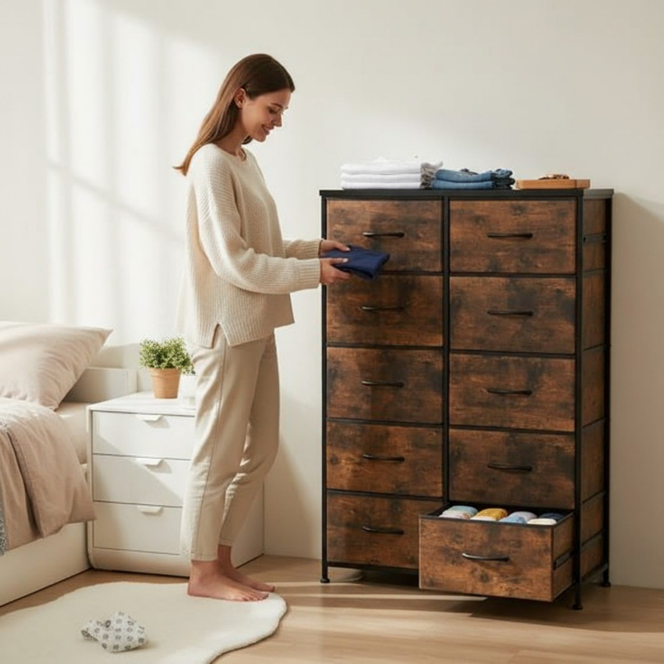 CONCETTA 10 Drawer Dresser, Fabric Bedroom Dresser,Storage Oragnization Nightstand, Home Organizer for Bedroom, Living Room, Study Room and Hallway, Black Rust