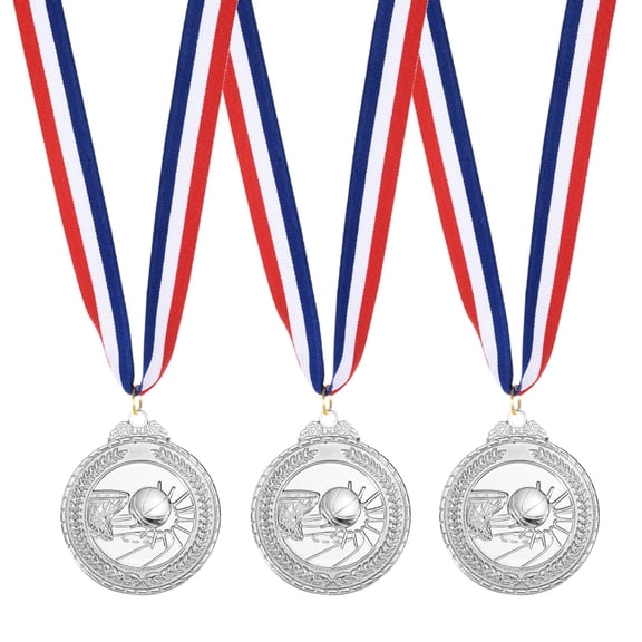 Uxcell 2" Metal Award Medals, 3 Pcs Winner Medals with Neck Ribbon for Competitions, Silver (Basketball Style)