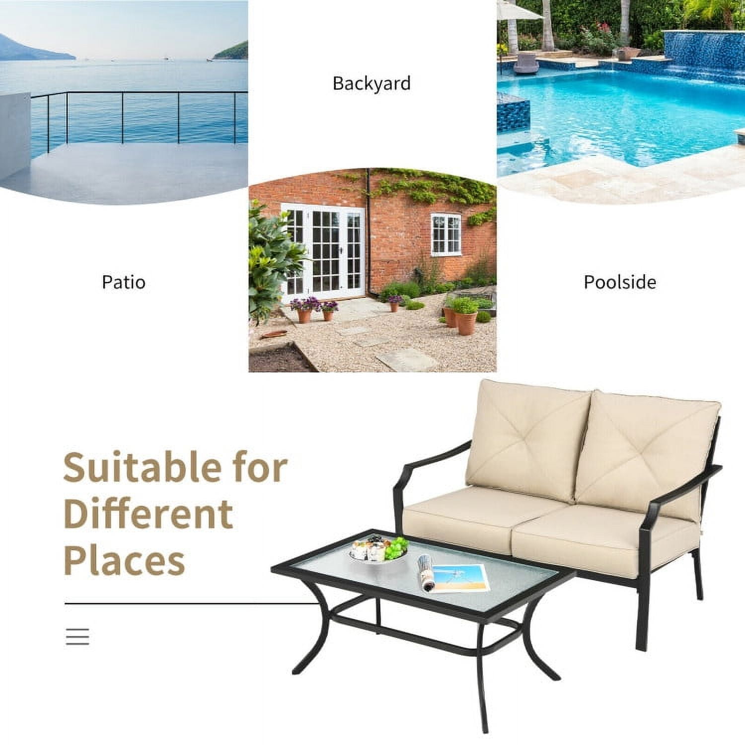 Aimee Lii 2 Pieces Patio Outdoor Cushioned Sofa Bench with Coffee Table, Outdoor Patio Furniture Sets, Beige Aimee Lii 2 Pieces Patio Outdoor Cushioned Sofa Bench with Coffee Table, Outdoor Patio Furniture Sets, Beige
