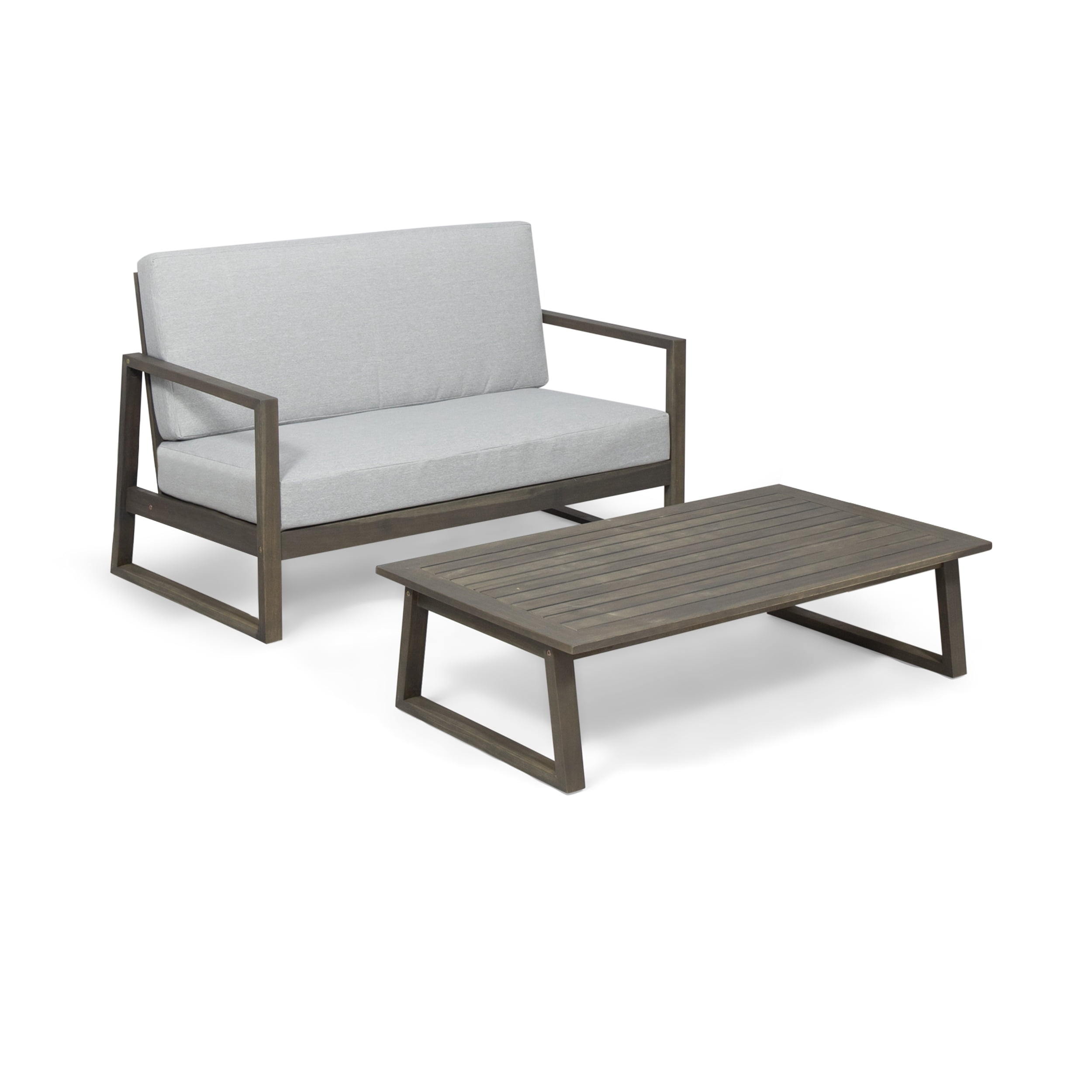 Outdoor Double Sofa and Coffee Table Leisure Set, Acacia Wood Frame Combination Furniture for Patio Garden, Gray and Light Gray